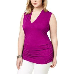 INC Womens Plus Ruched V-Neck Sleeveless Top Dark Pink Sleeveless